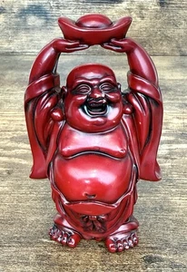 Vintage Laughing Red Buddha Hotei Sculpture Figurine Resin 4.5in Asian Decor - Picture 1 of 14