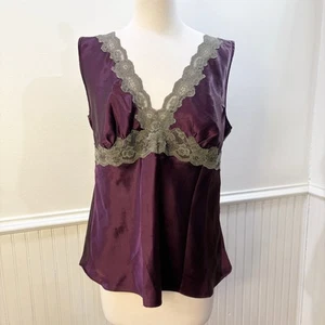 Camiseta sin mangas Babydoll Y2K talla M satinada encaje ribete camisola concha borgoña púrpura - Imagen 1 de 14