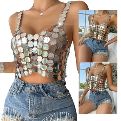 Glitter Bra Tops Club Festival Beachs Party Sparkly Mirrors Skirts for Summer - Image 1 of 4