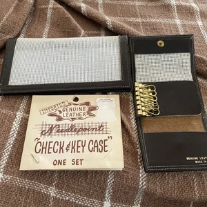 Vintage Check Key Case Leather Needlepont Canvas Rare Lot 2 Set - Picture 1 of 7