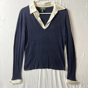 Ralph Lauren Silk Cashmere Sweater Collared Cuffs Dressy Sz L Preppy Classic - Picture 1 of 6