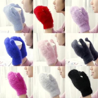 Women Plush Rabbit Wool Gloves Knitted Winter Warm All Finger Mittens Therma ц - Image 1 of 4