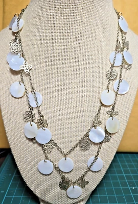 Vtg Gold Tone Long Chain Round Shell Dangle Gold Tone Flower Dangle Necklace 40" - Image 1 of 4