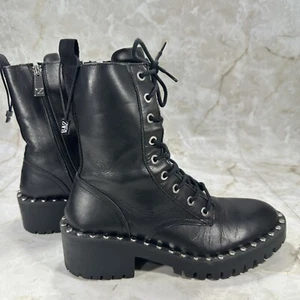ZARA Black Leather Studded Round Lace-up Combat Boots Womens US 7 EUR 37 Narrow - Picture 1 of 12