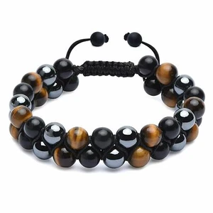 Triple Protection Bracelet Black Obsidian Hematite 8mm Beads Bracelet for Men - Picture 1 of 32