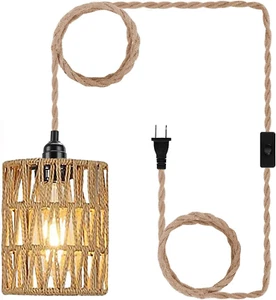 Boho Plug in Pendant Light Hanging with Cord Lamp Rattan Cylinder Shade On-Off - Picture 1 of 1