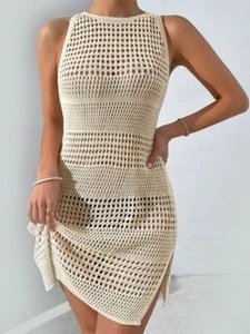 Cover-Ups Hollow-Out Crew Neck Beach Knitted Dress Swimwear Cover Up - Picture 1 of 15