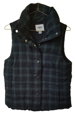 OLD NAVY Flannel Puffer Vest Large Navy Blue Green Plaid Fleece Lined cozy - Image 1 of 4