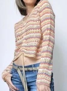 Crochet Cropped Sweater Top L Jolie & Joy Tie Front - Picture 1 of 7