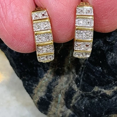 Natural Diamond Huggie Hoop Earrings 18k On 925 Vermeil VTG RossSimmons 15mm New - Image 1 of 4