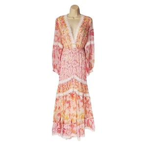 Rococo Sand Candy Dress Paisley Print Maxi Dress Chiffon Lace Pink Size Medium - Picture 1 of 11