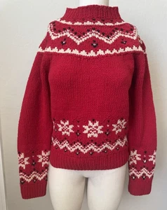 Vtg J Crew Women’s L Wool Cashmere Red Mock Neck  Sweater Fair Isle Ski Holiday - Picture 1 of 10