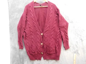 Agnes & Dora Cardigan Sweater Womens XL Burgundy Cable Knit 100% Cotton Pockets - Picture 1 of 9