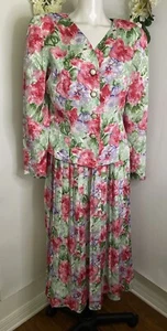 Maggy Boutique Pink Floral Pleated Skirt Suit Set 2 Pc Sz 8 Fits Smaller Vintage - Picture 1 of 24