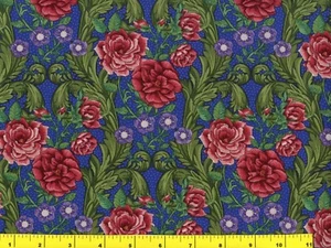 Red Roses & Purple Flowers on Blue Quilting & Sewing Fabric by Yard #519 - Picture 1 of 1