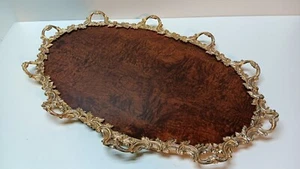 Vassoio ovale vintage legno esotico ottone dorato con piatto Ambuya Burl - Foto 1 di 5