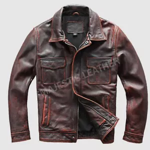 Men’s Motorcycle Biker Vintage Cafe Racer Distressed Brown Real Leather Jacket - Picture 1 of 3