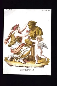 Allegoria della Scultura Incisione colorata a mano del 1820 Mitologia Pozzoli - Picture 1 of 1