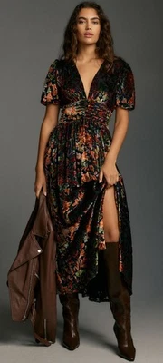 Maxi Vestido Anthropologie Katerina Botón Frontal Floral Terciopelo Burnout Talla 4 Usado en Excelente Condición Foto 1 de 4