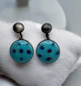 Faux Turquoise Polka Dot Enamel Earrings Silver Tone Clip On Retro Boho - Picture 1 of 6