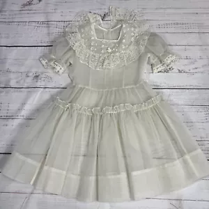 Vintage Off White Sheer Dress Flower Puff Sleeve Victorian Ruffle Girl Sz 8-10 - Picture 1 of 9