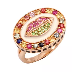 Anello labbra Meher's SS Rose Vermeil 1,35 ct multi zaffiro e tsavorite smalto bianco - Foto 1 di 5