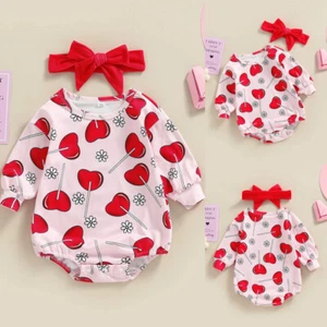 Newborn Infant Baby Girl Heart Romper Headband Jumpsuit Bodysuit Clothes Outfit - Picture 1 of 10
