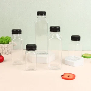 Empty Plastic Square Juice Bottles With Caps Water Bottles Clear Drink ContainNP - Picture 1 of 17