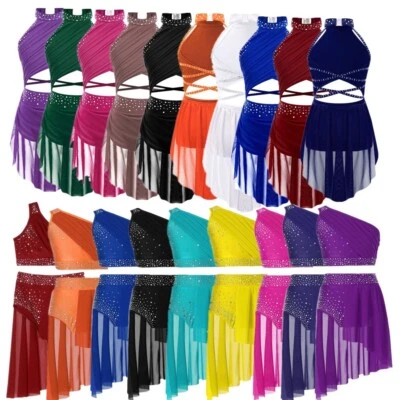 Girls Ballet Lyrical Dance Dress Gymnastics Leotard Irregular High-Low Skirt - Image 1 of 4