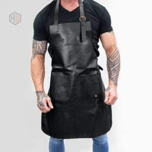 Fully Handmade Leather Black Apron For Chef BBQ With pocket - Picture 1 of 6