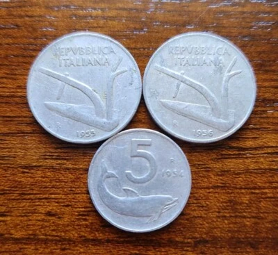 1955 and 1956 Ten Lire and 1954 Five Lire - Old Antique Coins - Image 1 of 2