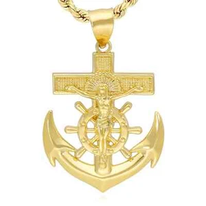14K Yellow Gold Helm Jesus Christ Cross Anchor Pendant 1"-1.5" - Picture 1 of 20