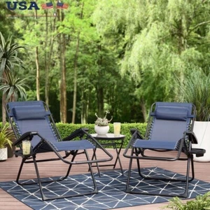 Reclining Zero Gravity Outdoor Lounge Chair Set of 2 with Cup Holder Pillow Navy - Picture 1 of 10