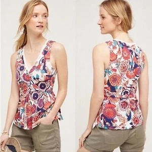 Anthropologie Deletta Amalia Floral Sleeveless Peplum Tank Top, Pink Orange - XS - Picture 1 of 7
