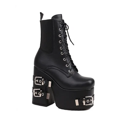 Women's Platform High Block Heels Lace Up Ankle Boots Party Club Punk Prom Shoes - Image 1 of 4