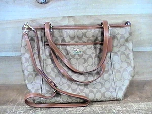 COACH BROWN & BEIGE SIGNATURE VINLY I THINK SHOULDER BAG 13"X 11"X "5 W/ STRAPS - Picture 1 of 10