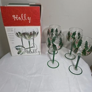 COPAS DE VINO DE NAVIDAD Juego de 4 HOJAS DE ACEBO Pintadas a Mano VIDRIO DE TALLO LARGO Copa - Imagen 1 de 7