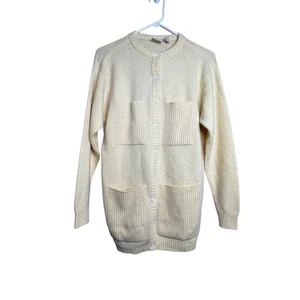 Vintage 90s Liz Claiborne Wool Angora Sweater Cardigan Long Size S Yellow Cream - Picture 1 of 4