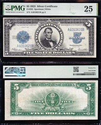 VERY NICE *RARE* Bold & Crisp VF+ 1923 $5 "PORTHOLE" Silver Certificate! PMG 25! - Image 1 of 3