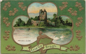 EMBOSSED POSTCARD - St Patrick's Day -Ross Castle Killarney-Harp-Erin Go Bragh - Picture 1 of 2
