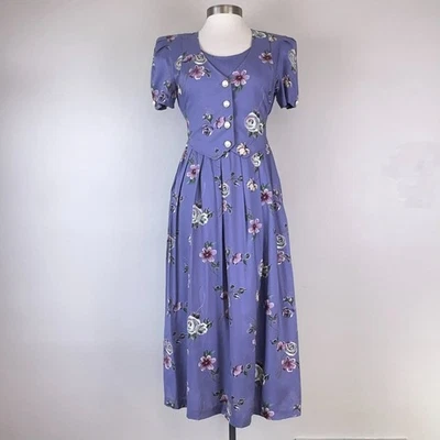 Dress Women 6 Purple Vintage Floral Puff Sleeve 80s Tea Cottagecore Garden - Image 1 of 4