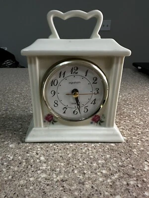 Vintage Ingraham Porcelain Table Clock Quartz Ivory Color Roses Flower Working - Image 1 of 4