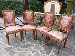 GRUPPO 4 SEDIE DORATE CON STOFFA ROSA DECORATA - BAROCCHETTO - 1940 EMILIA - Foto 1 di 19