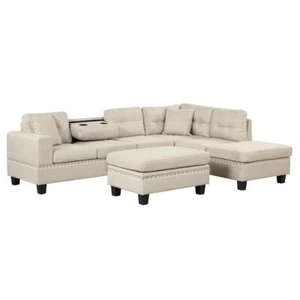 Sectional Sofa with Storage Ottoman L-Shape Couch with 2 Pillows and Cup Holder - Picture 1 of 12