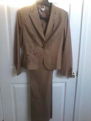 女士 APT 9 TAN 亚麻弹力裤子套装 8 码西装裤 — 第 1/4 张图片