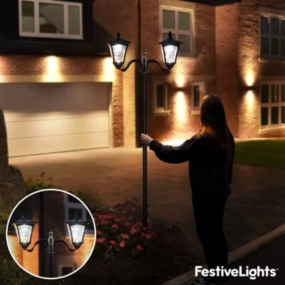 2.1m Solar Twin Head Clear White LED Outdoor Garden Pathway Lamp Post Light - Image 1 of 4