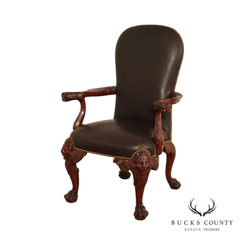 Maitland Smith Georgian Style Lion-Carved Leather Armchair Cover