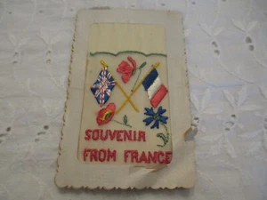 Antike Postkarte Andenken aus Frankreich bestickt Seide französische britische Flagge 1.WK - Bild 1 von 6
