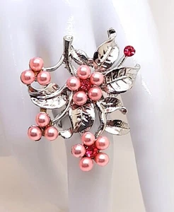 R001 Blume Faux hellrosa Perle Strass Silber verstellbar Mode Ring - Bild 1 von 6