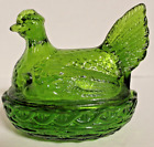Vintage L.E. Smith Glass Hen With Chicks On Nest Green Colored Candy Dish